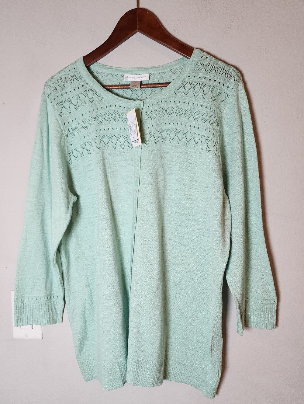 NWT Christopher & Banks Green Button Sweater Cardigan 3/4 Sleeve Lightweight XL